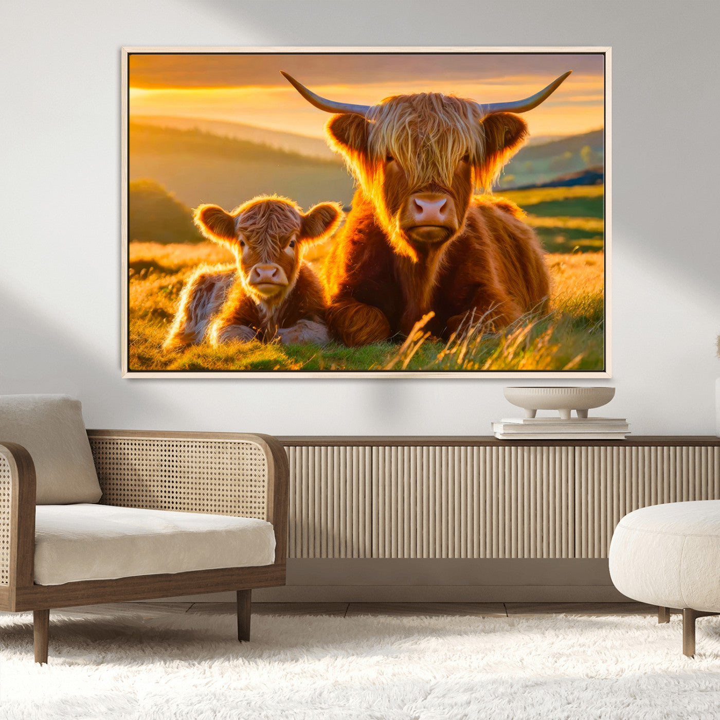 20567-MGV-CV-36X24-Highland Cow and Calf Wall Art – Rustic Farmhouse Sunset Cattle Canvas Print, Country Animal Artwork for Living Room, Bedroom, or