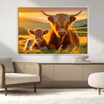 20567-MGV-CV-36X24-Highland Cow and Calf Wall Art – Rustic Farmhouse Sunset Cattle Canvas Print, Country Animal Artwork for Living Room, Bedroom, or