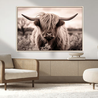 55903-MGV-CV-36X24-Highland Cow Wall Art – Rustic Sepia Scottish Highland Bull Canvas Print, Farmhouse Country Animal Decor for Living Room, Bedroom