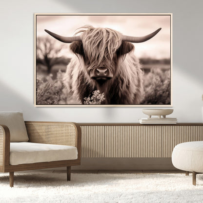 55903-MGV-CV-36X24-Highland Cow Wall Art – Rustic Sepia Scottish Highland Bull Canvas Print, Farmhouse Country Animal Decor for Living Room, Bedroom