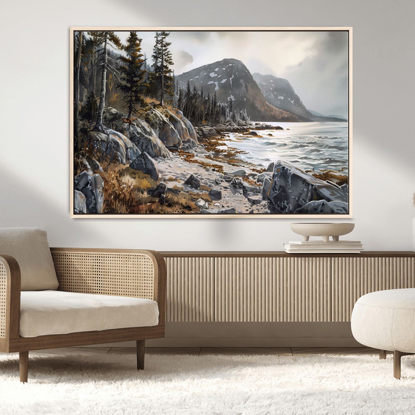 41281-MGV-CV-36X24-Rocky Shoreline Wall Art – Panoramic Mountain Coast and Forest Canvas Print, Rustic Nature Landscape Decor for Cabin, Lodge, or