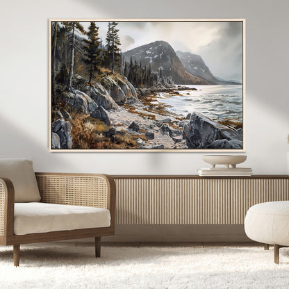 41281-MGV-CV-36X24-Rocky Shoreline Wall Art – Panoramic Mountain Coast and Forest Canvas Print, Rustic Nature Landscape Decor for Cabin, Lodge, or