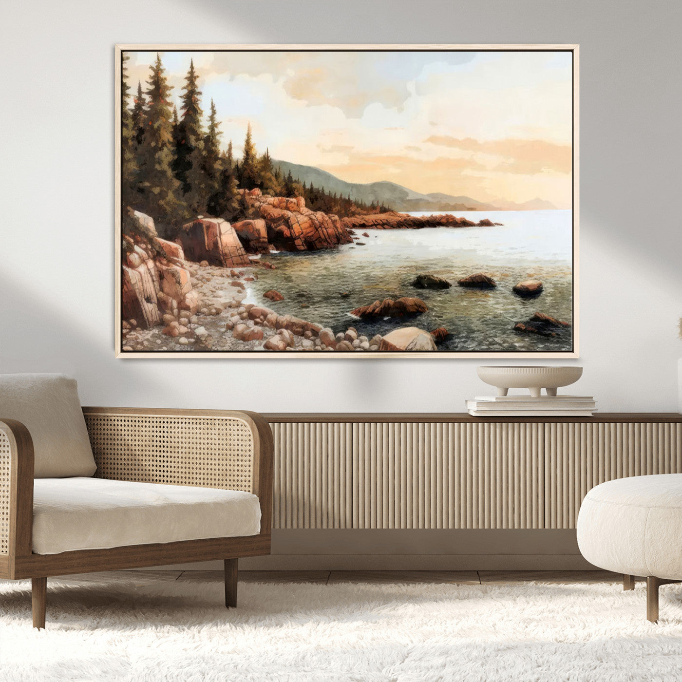 77145-MGV-CV-36X24-Coastal Landscape Wall Art – Panoramic Rocky Shoreline and Pine Trees Canvas Print, Rustic Nature Decor for Cabin, Lodge, Office,