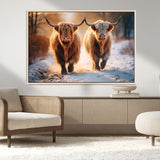 50490-MGV-CV-36X24-Highland Cow Wall Art – Rustic Panoramic Canvas Print Two Cattle Snowy Landscape, Farmhouse Country Decor for Living Room Office