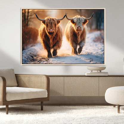 94810-MGV-CV-36X24-Highland Cow Wall Art – Rustic Canvas Print Two Cattle Snow Path Sunset, Farmhouse Country Decor for Living Room, Bedroom, Office,