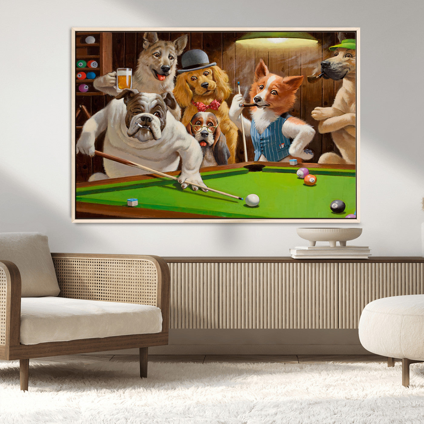 34228-MGV-CV-36X24-Dogs Playing Pool Wall Art Canvas Print, Framed Funny Dog Art Picture Print, Dog Perfect Game Room Decor Artwork