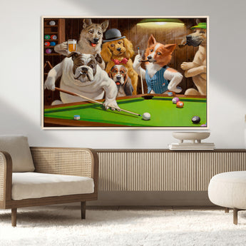 34228-MGV-CV-36X24-Dogs Playing Pool Wall Art Canvas Print, Framed Funny Dog Art Picture Print, Dog Perfect Game Room Decor Artwork