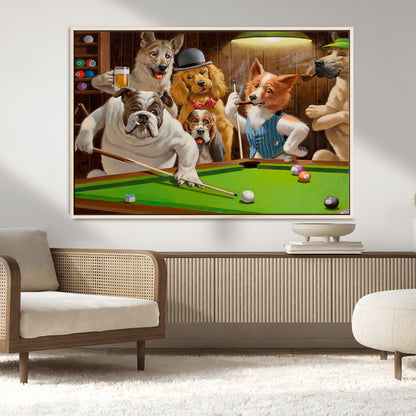 34228-MGV-CV-36X24-Dogs Playing Pool Wall Art Canvas Print, Framed Funny Dog Art Picture Print, Dog Perfect Game Room Decor Artwork
