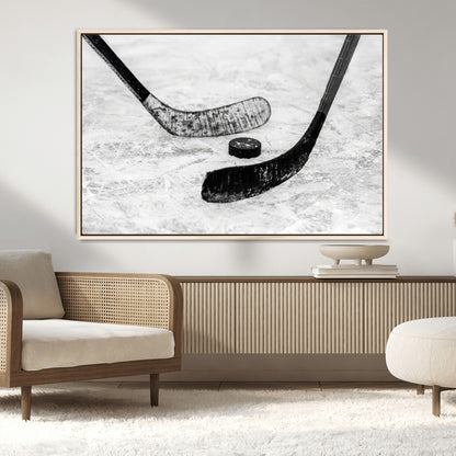 82900-MGV-FC-36X24_Natural-Hockey Wall Art – Black and White Canvas Print Ice Rink Sticks Puck Sports Photography, Modern Decor for Game Room, Man Cave,