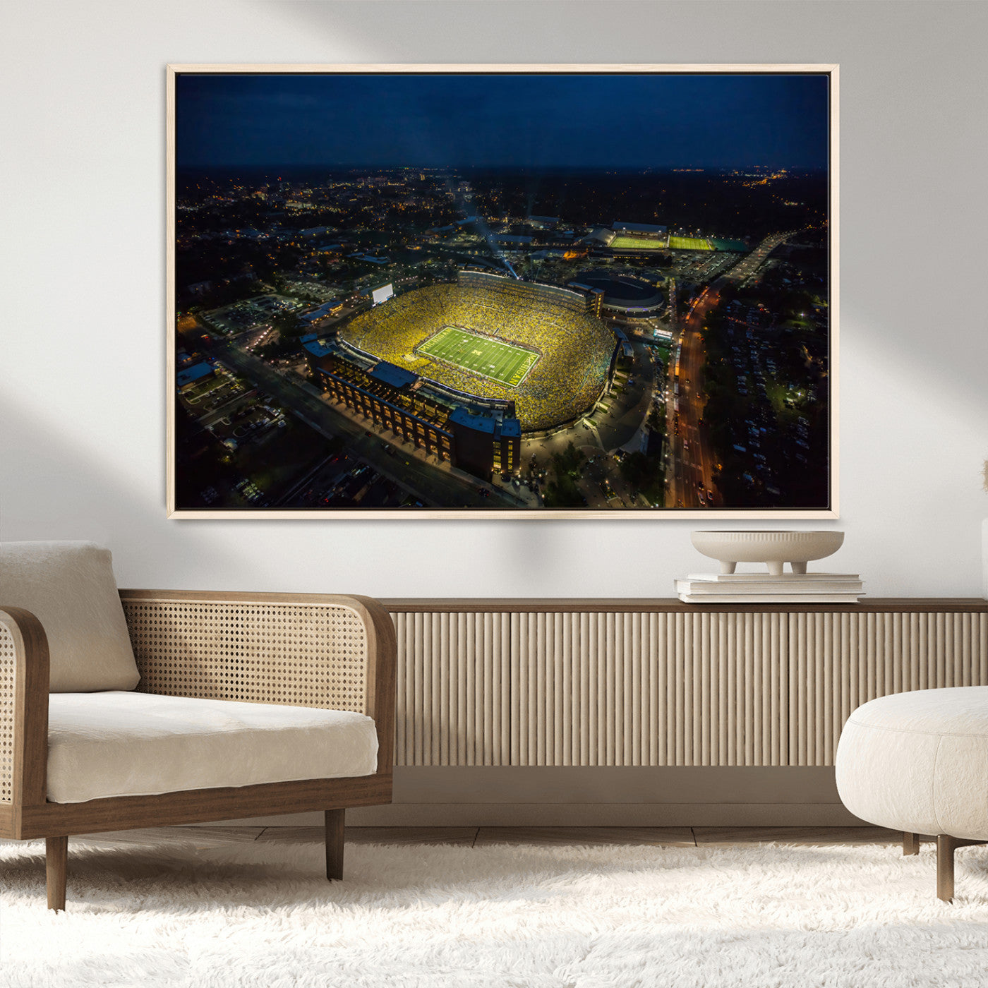 33588-MGV-CV-36X24-Football Stadium Wall Art – Aerial Night Game Canvas Print Packed Field City Lights, Sports Photography Decor for Game Room, Man