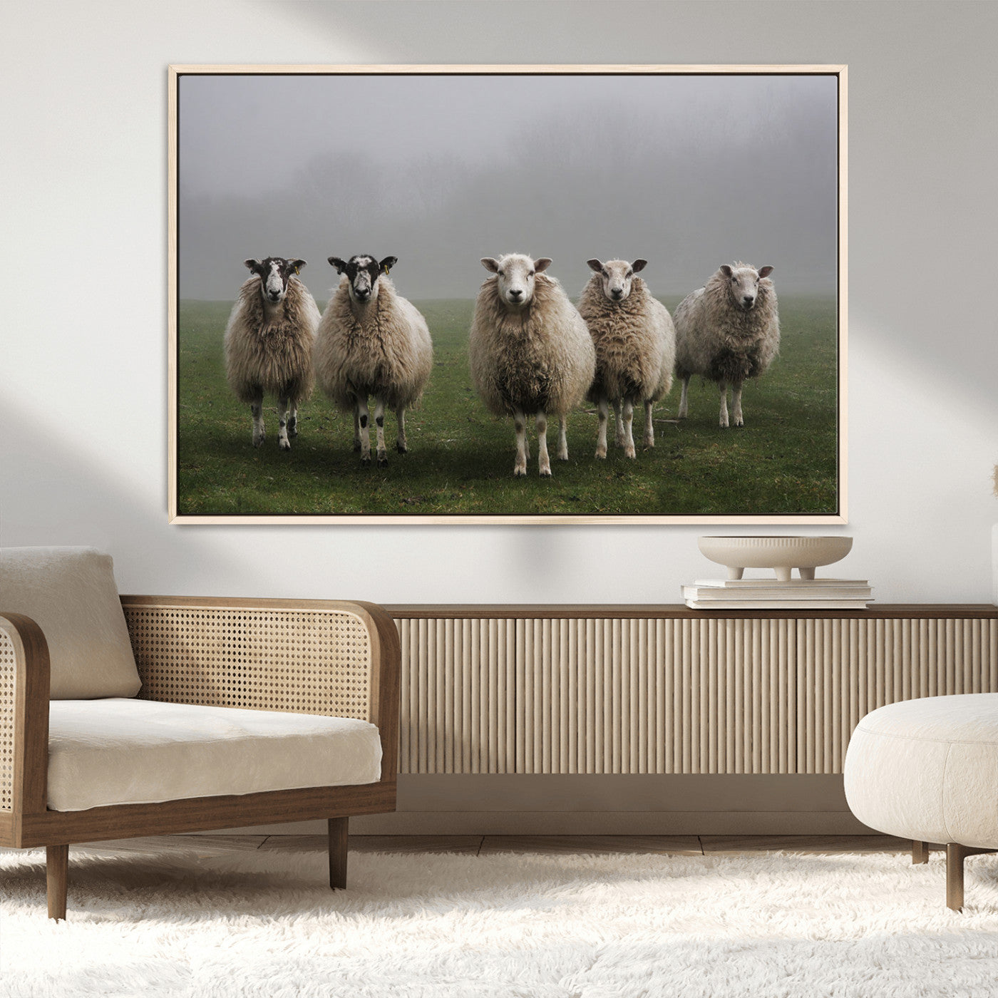 87339-MGV-CV-36X24-Sheep Wall Art – Rustic Farmhouse Canvas Print Flock Standing Misty Field Countryside Photography, Country Animal Decor for Living