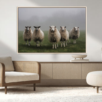 87339-MGV-CV-36X24-Sheep Wall Art – Rustic Farmhouse Canvas Print Flock Standing Misty Field Countryside Photography, Country Animal Decor for Living