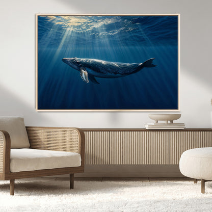 18052-MGV-CV-36X24-Whale Wall Art – Majestic Ocean Canvas Print Marine Life Underwater Sunlight Scene, Nautical Coastal Decor for Living Room,