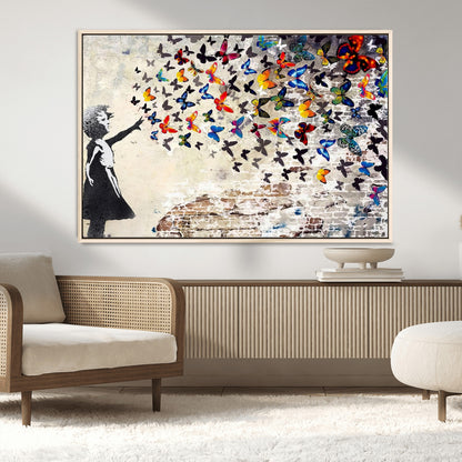 97895-MGV-CV-36X24-Girl with Butterflies Wall Art – Colorful Street Art Style Canvas Print, Modern Graffiti-Inspired Butterfly Artwork for Living