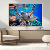 12683-MGV-CV-36X24-Sea Turtle Wall Art – Graceful Ocean Canvas Print with Coral Reef and Tropical Fish, Coastal Marine Life Decor for Beach House,