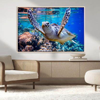 12683-MGV-CV-36X24-Sea Turtle Wall Art – Graceful Ocean Canvas Print with Coral Reef and Tropical Fish, Coastal Marine Life Decor for Beach House,