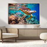 66614-MGV-FC-36X24_Natural-Sea Turtle Wall Art – Hawksbill Turtle Swimming Over Coral Reef Canvas Print, Ocean Marine Life Decor for Beach House, Coastal