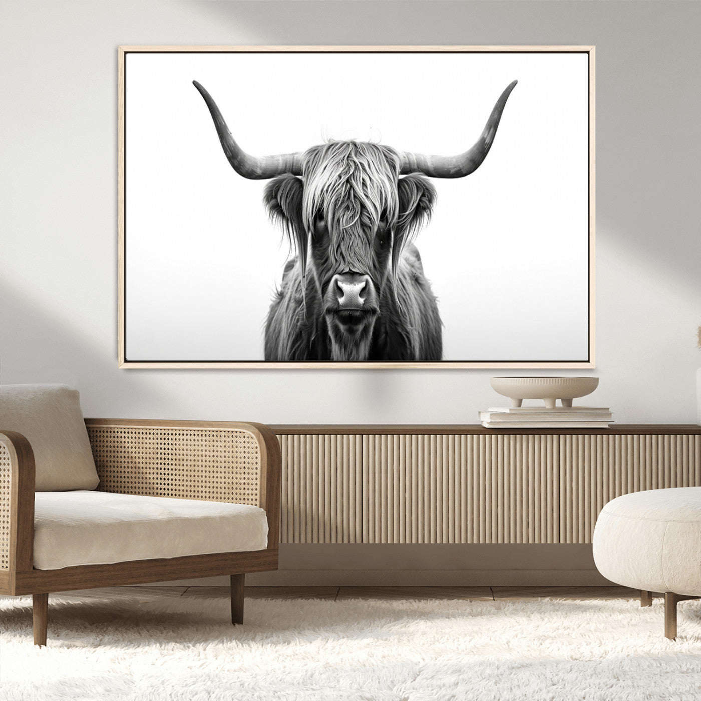 49556-MGV-CV-36X24-Highland Cow Wall Art – Black and White Scottish Highland Cattle Print, Rustic Farmhouse Minimalist Animal Portrait Canvas for