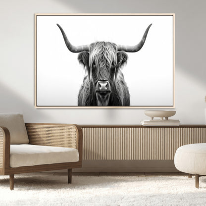 49556-MGV-CV-36X24-Highland Cow Wall Art – Black and White Scottish Highland Cattle Print, Rustic Farmhouse Minimalist Animal Portrait Canvas for