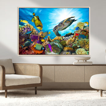 44772-MGV-CV-36X24-Underwater Sea Turtle Wall Art – Vibrant Coral Reef and Tropical Fish Canvas Print, Ocean Marine Life Decor for Living Room,