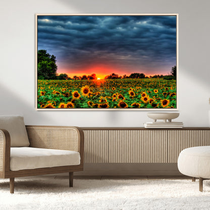 45045-MGV-CV-36X24-Sunflower Field Sunset Wall Art – Dramatic Stormy Sky Landscape Print, Vibrant Yellow Floral Nature Canvas for Living Room,