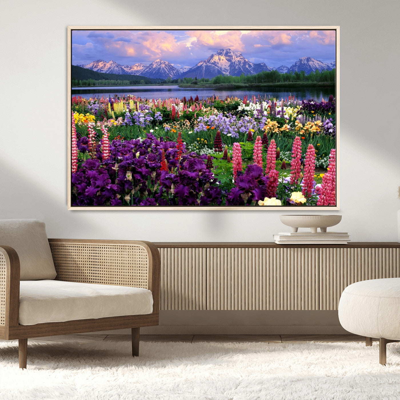 82270-MGV-CV-36X24-Colorful Wildflower Meadow Landscape Wall Art – Snow-Capped Mountain Lake Sunset Print, Vibrant Nature Artwork for Living Room,