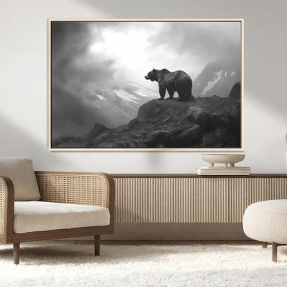 49504-MGV-CV-36X24-Black and White Grizzly Bear Wall Art – Wilderness Wildlife Painting, Rustic Mountain Cabin Decor, Monochrome Animal Print for