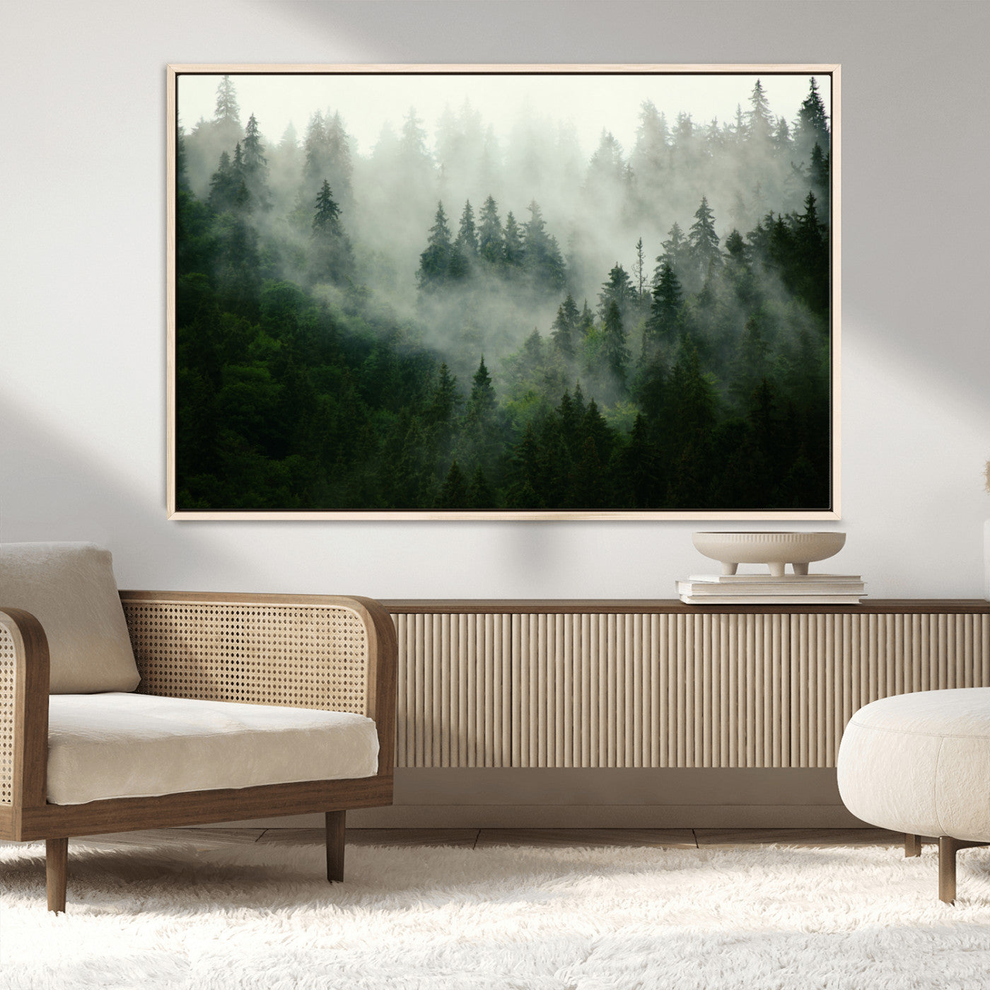 167720496-MGV-CV-36X24-Misty Forest Wall Art – Serene Evergreen Trees Canvas Print, Foggy Mountain Nature Landscape Decor for Bedroom, Living Room or