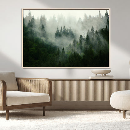 167720496-MGV-CV-36X24-Misty Forest Wall Art – Serene Evergreen Trees Canvas Print, Foggy Mountain Nature Landscape Decor for Bedroom, Living Room or