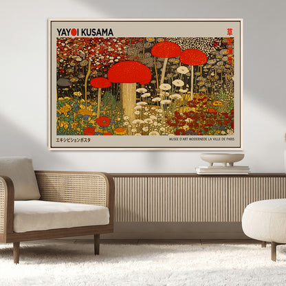 38013-MGV-FC-36X24_Natural-Yayoi Kusama Inspired Mushroom Garden Wall Art – Whimsical Botanical Canvas Print, Surreal Nature Poster, Fantasy Floral Artwork
