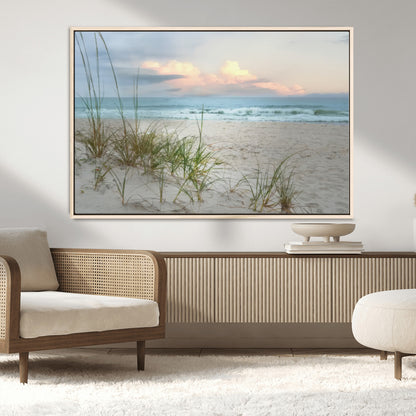 Test1001-MGV-CV-36X24-Coastal Beach Wall Art – Panoramic Ocean Waves and Sandy Dunes Canvas Print, Serene Seascape with Sea Oats for Relaxing Home or