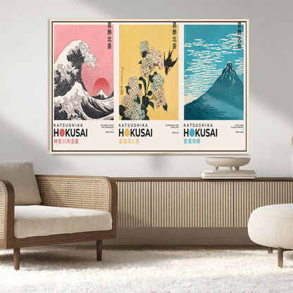 Katsushika-MGV-CV-36X24-Katsushika Hokusai Wall Art Set – The Great Wave, Hydrangea and Swallow, Fine Wind Canvas Prints, Japanese Ukiyo e Style Home and