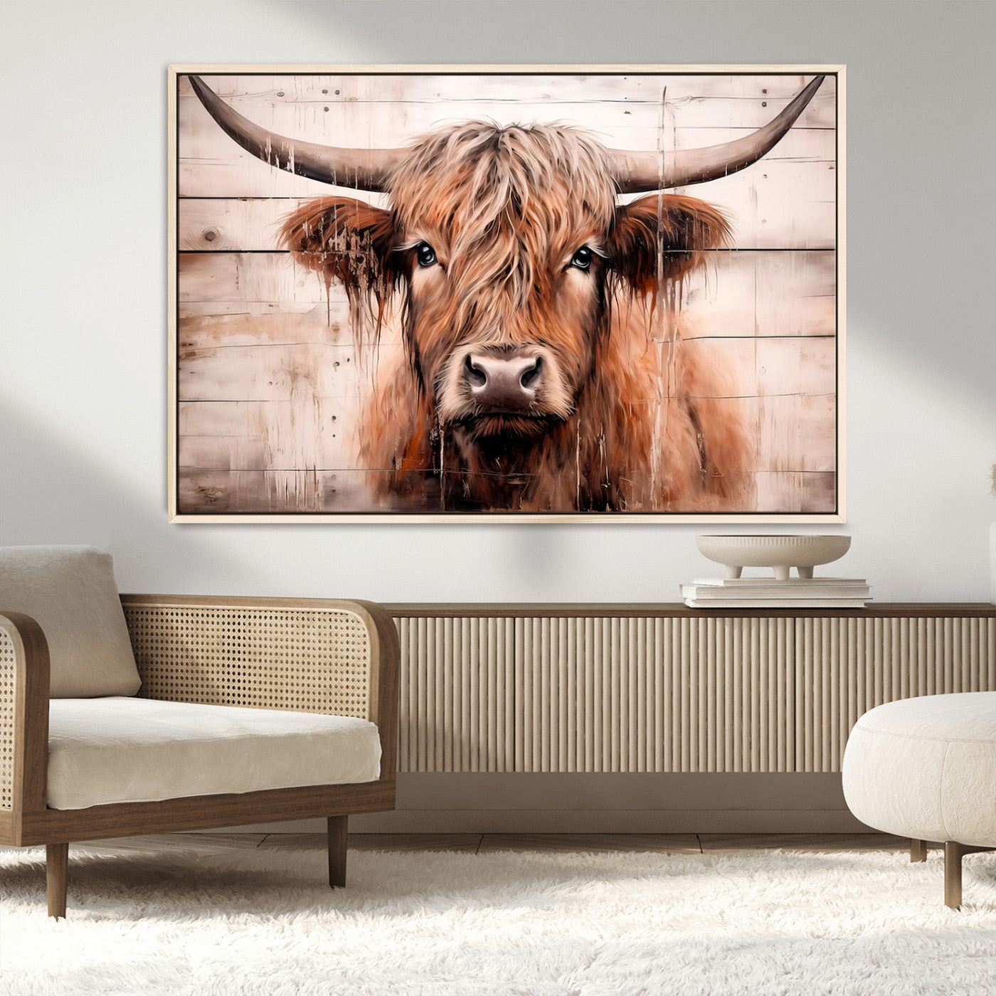 93730-MGV-FC-36X24_Natural-Scottish Cow Wall Art Canvas Print, Framed Longhorn Cow Art Picture Print, Highland Cattle Perfect Rustic Farmhouse Decor Artwork