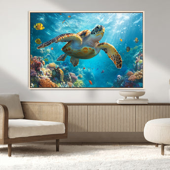 37623-MGV-CV-36X24-Sea Turtle Wall Art – Underwater Ocean Canvas Print with Coral Reef and Tropical Fish, Marine Life Painting Poster for Living