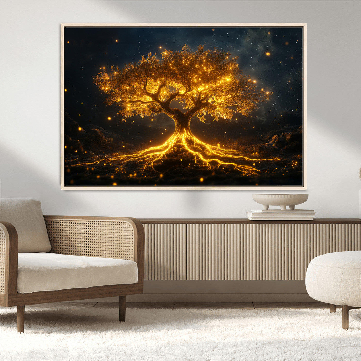 60194-MGV-CV-36X24-Glowing Tree Wall Art – Golden Roots Fantasy Canvas Print, Mystical Illuminated Tree Painting Poster for Living Room, Bedroom,