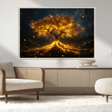60194-MGV-CV-36X24-Glowing Tree Wall Art – Golden Roots Fantasy Canvas Print, Mystical Illuminated Tree Painting Poster for Living Room, Bedroom,