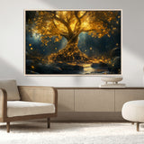 92739-MGV-CV-36X24-Glowing Tree Wall Art – Enchanted Golden Forest Canvas Print, Mystical Illuminated Nature Painting Poster for Living Room,