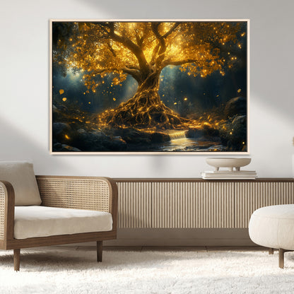 92739-MGV-CV-36X24-Glowing Tree Wall Art – Enchanted Golden Forest Canvas Print, Mystical Illuminated Nature Painting Poster for Living Room,