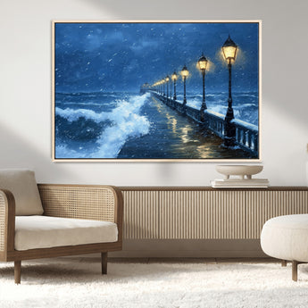 32668-MGV-CV-36X24-Stormy Pier Wall Art – Ocean Waves and Street Lamps Canvas Print, Rainy Night Seascape Oil Painting Poster for Living Room,