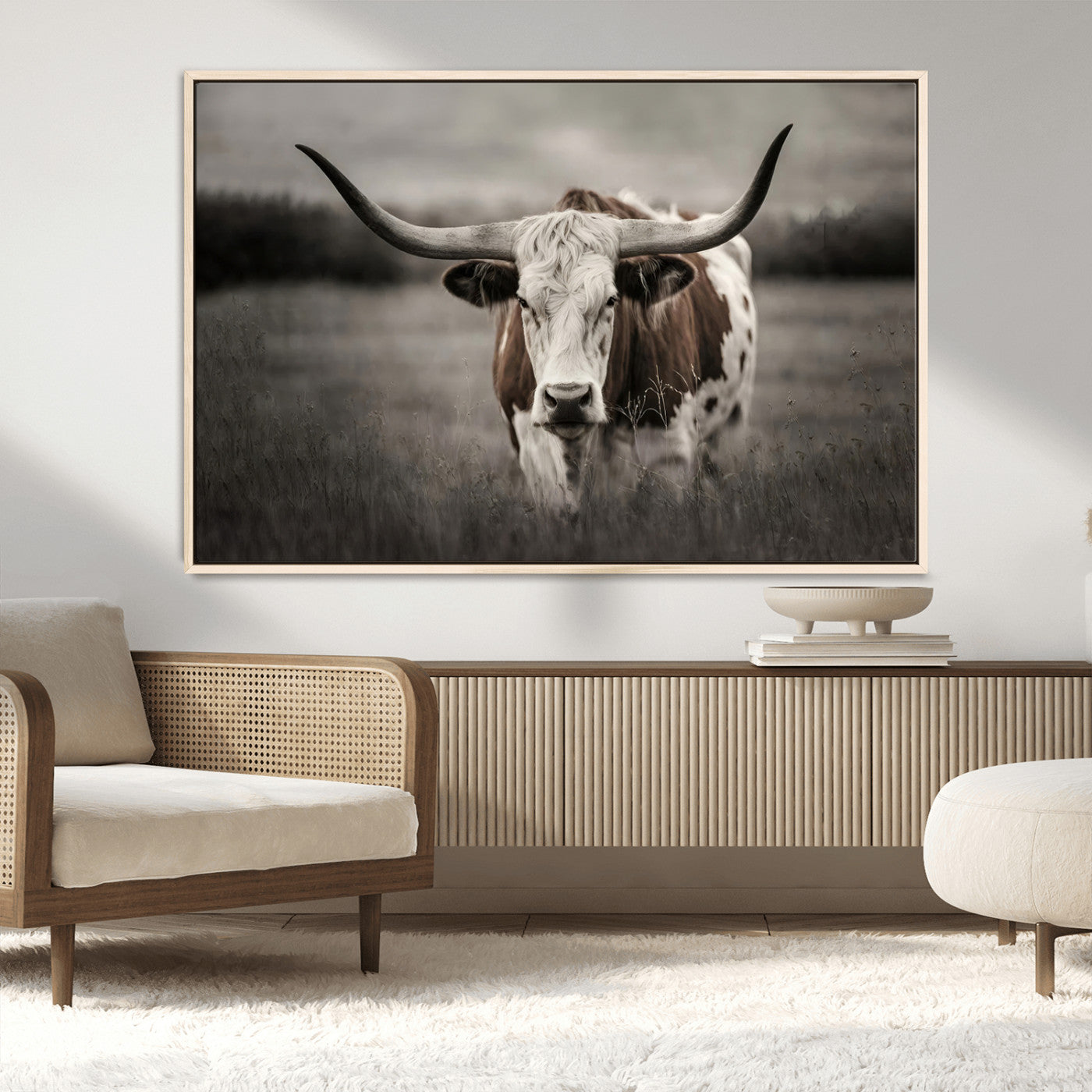 69238-MGV-CV-36X24-Longhorn Bull Wall Art – Rustic Black and White Texas Cattle Canvas Print, Western Farmhouse Animal Photography for Living Room,