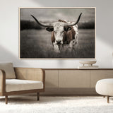 69238-MGV-CV-36X24-Longhorn Bull Wall Art – Rustic Black and White Texas Cattle Canvas Print, Western Farmhouse Animal Photography for Living Room,