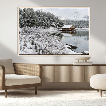 29975-MGV-FC-36X24_Natural-Winter Cabin by the Lake Wall Art – Snowy Mountain Landscape Canvas Print, Rustic Lodge Cabin Decor for Cozy Living Room, Bedroom