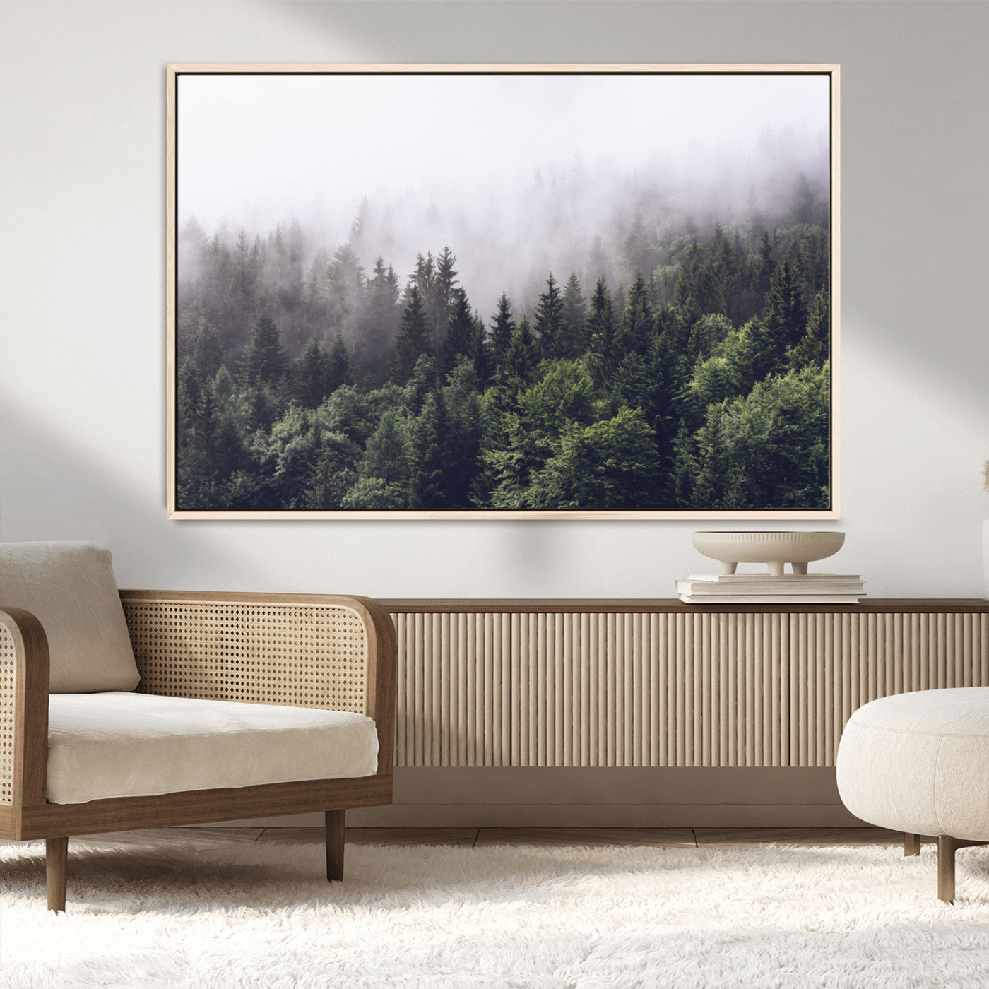 42578900-MGV-CV-36X24-Misty Pine Forest Wall Art – Tranquil Foggy Mountain Canvas Print, Nature Landscape Décor for Bedroom, Living Room, Cabin or