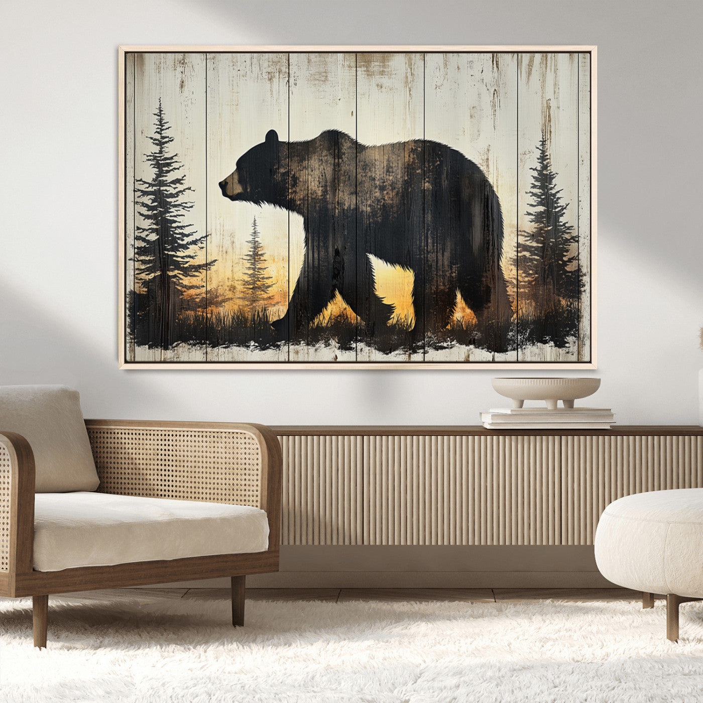 83875-MGV-CV-36X24-Sunset Bear Wall Art – Rustic Wildlife Canvas Print with Forest Silhouette, Cabin Lodge Decor for Living Room or Office