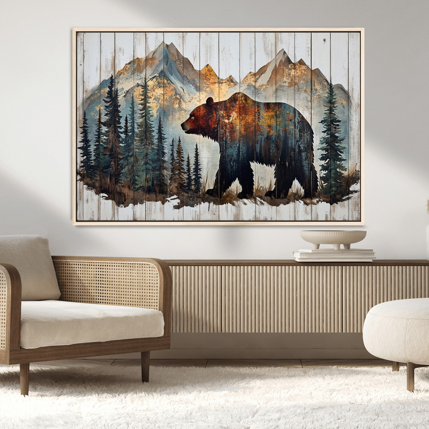 55777-MGV-CV-36X24-Rustic Bear Wall Art Canvas Print, Framed Mountain and Forest Art Picture Print, Wooden Bear Perfect Rustic Lodge Decor Artwork