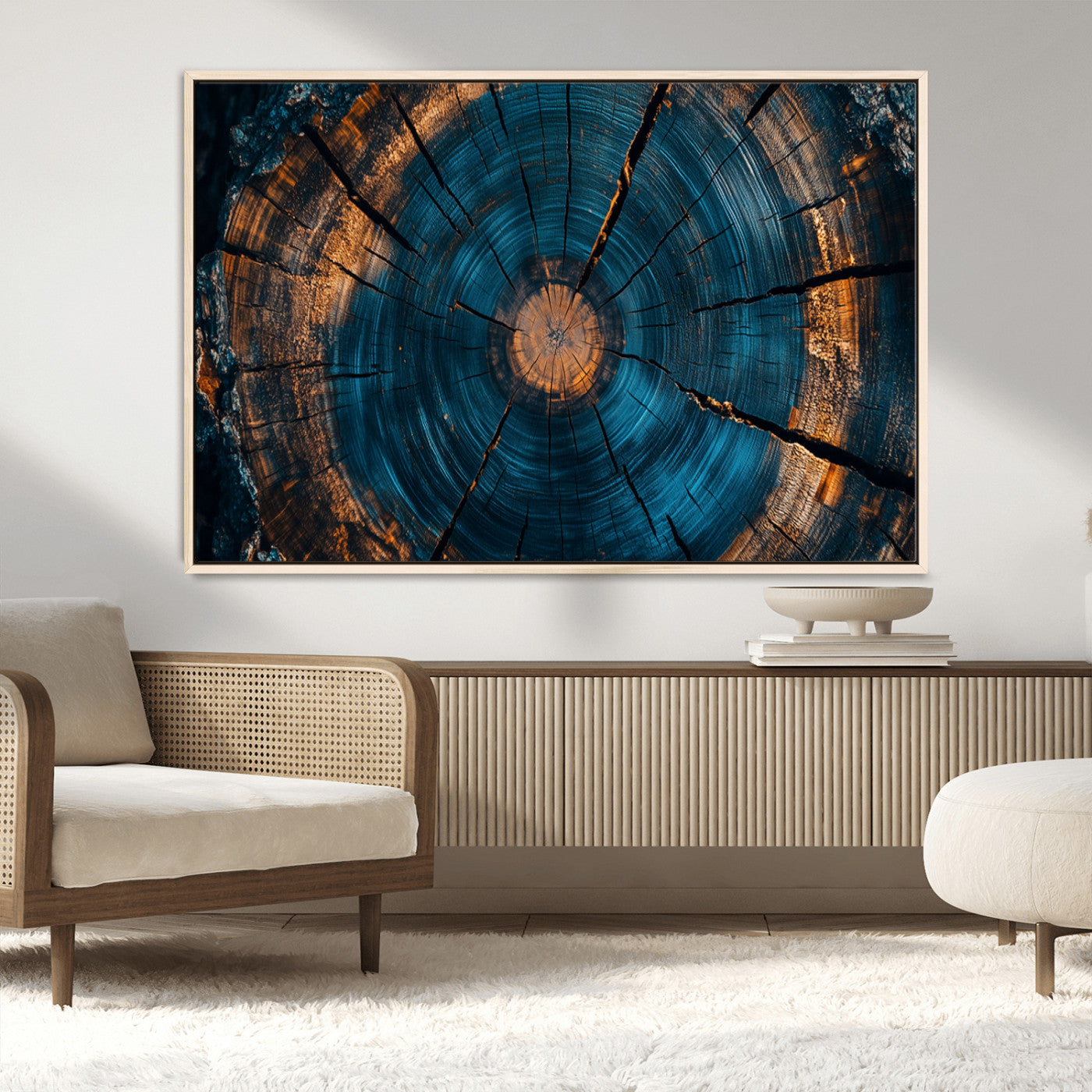 65231-MGV-FC-36X24_Natural-Blue and Gold Tree Ring Wall Art – Rustic Abstract Wood Slice Canvas Print, Modern Nature Inspired Artwork for Living Room,