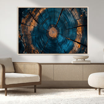 65231-MGV-FC-36X24_Natural-Blue and Gold Tree Ring Wall Art – Rustic Abstract Wood Slice Canvas Print, Modern Nature Inspired Artwork for Living Room,