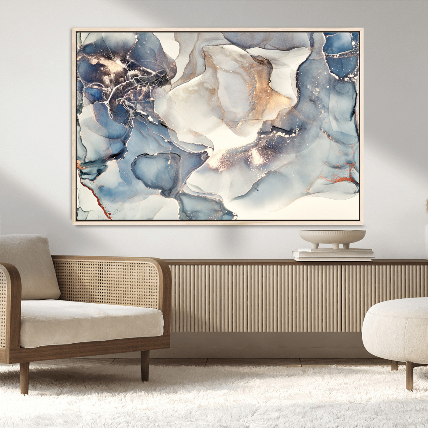 51497-MGV-CV-36X24-Abstract Blue and Gold Wall Art – Modern Fluid Ink Style Canvas Print, Elegant Contemporary Decor for Living Room, Office