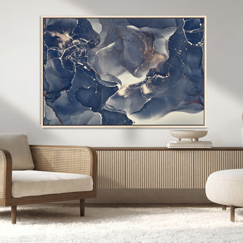 28282-MGV-FC-36X24_Natural-Blue Abstract Wall Art – Modern Ink Swirl Canvas Print, Contemporary Navy and Gold Painting for Living Room, Bedroom, Office or