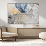 18176-MGV-CV-36X24-Abstract Fluid Wall Art – Modern Marble Ink Canvas Print with Blue, Gold, and Gray Tones, Contemporary Minimal Artwork Decor for